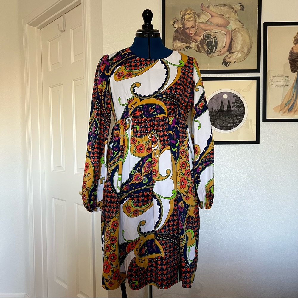 Vintage 60s 70s Paisley Floral Babydoll Dress Homemade